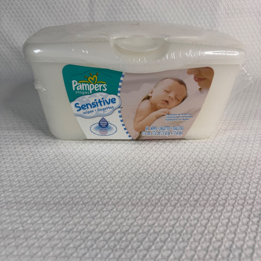 Pampers Sensitive Baby Wipes 64 Count White Reusable Tub SEALED 2008 Vintage